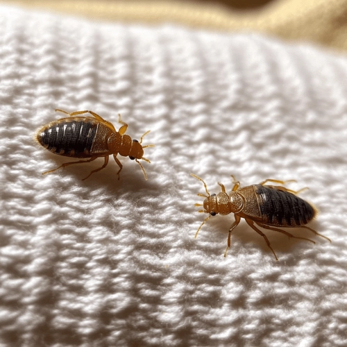 Deux punaises de lit adultes sur un tissu de matelas, insectes brun foncé visibles sur une surface textile, indiquant une infestation de punaises de lit.