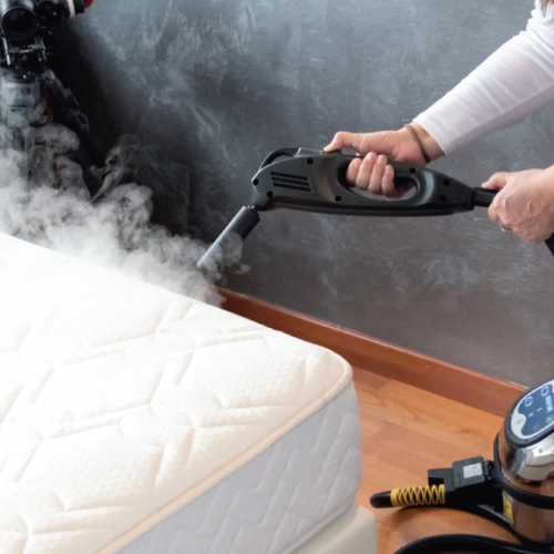 Traitement vapeur haute température sur un matelas pour éliminer les punaises de lit et leurs œufs, à l’aide d’un appareil professionnel.