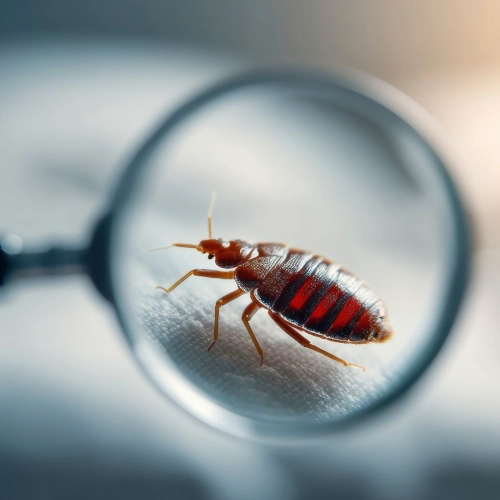 Punaise de lit observée à la loupe, insecte brun rougeâtre grossi pour faciliter l’identification d’une infestation de punaises de lit.