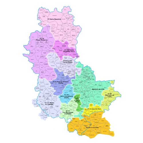 Carte du département du Rhône (69) avec ses communes et intercommunalités, illustrant la zone d’intervention pour le traitement et l’éradication des punaises de lit.
