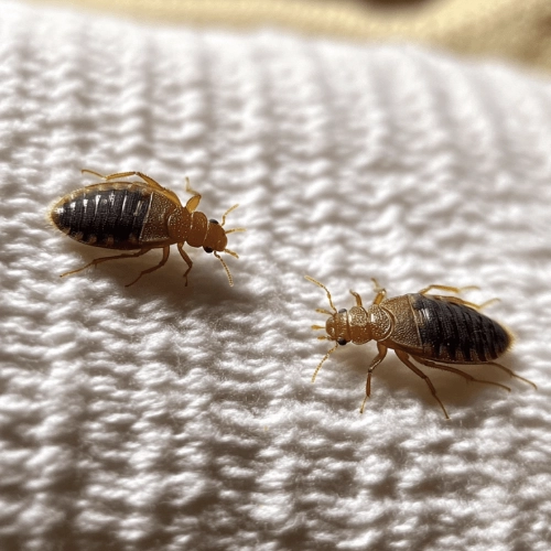 Deux punaises de lit adultes visibles sur un tissu clair, illustrant une infestation de punaises de lit dans un environnement domestique.