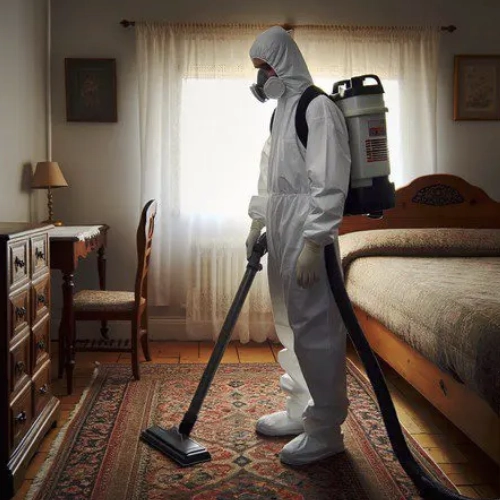 Technicien en désinsectisation équipé d’une combinaison de protection réalisant un traitement contre les punaises de lit dans une chambre à coucher, à l’aide d’un aspirateur professionnel.