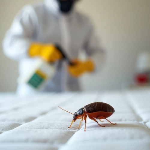 Punaise de lit adulte visible sur un matelas, avec un professionnel de la désinsectisation en arrière-plan effectuant un traitement.