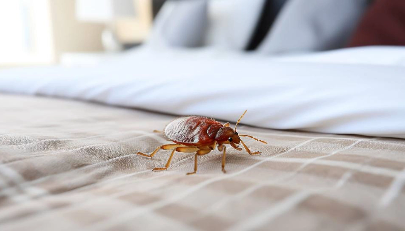 Punaise de lit adulte visible sur un matelas dans une chambre, illustrant une infestation de punaises de lit dans un environnement domestique.