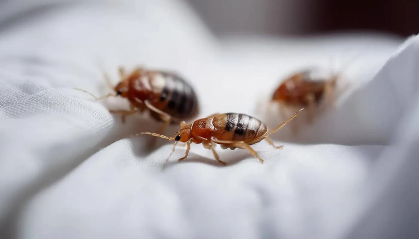 Punaises de lit adultes visibles sur un drap blanc, insectes bruns responsables d’infestations dans les literies.