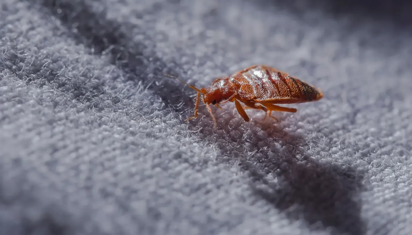 Punaise de lit adulte observée de près sur un tissu gris, insecte parasite responsable d’infestations domestiques.