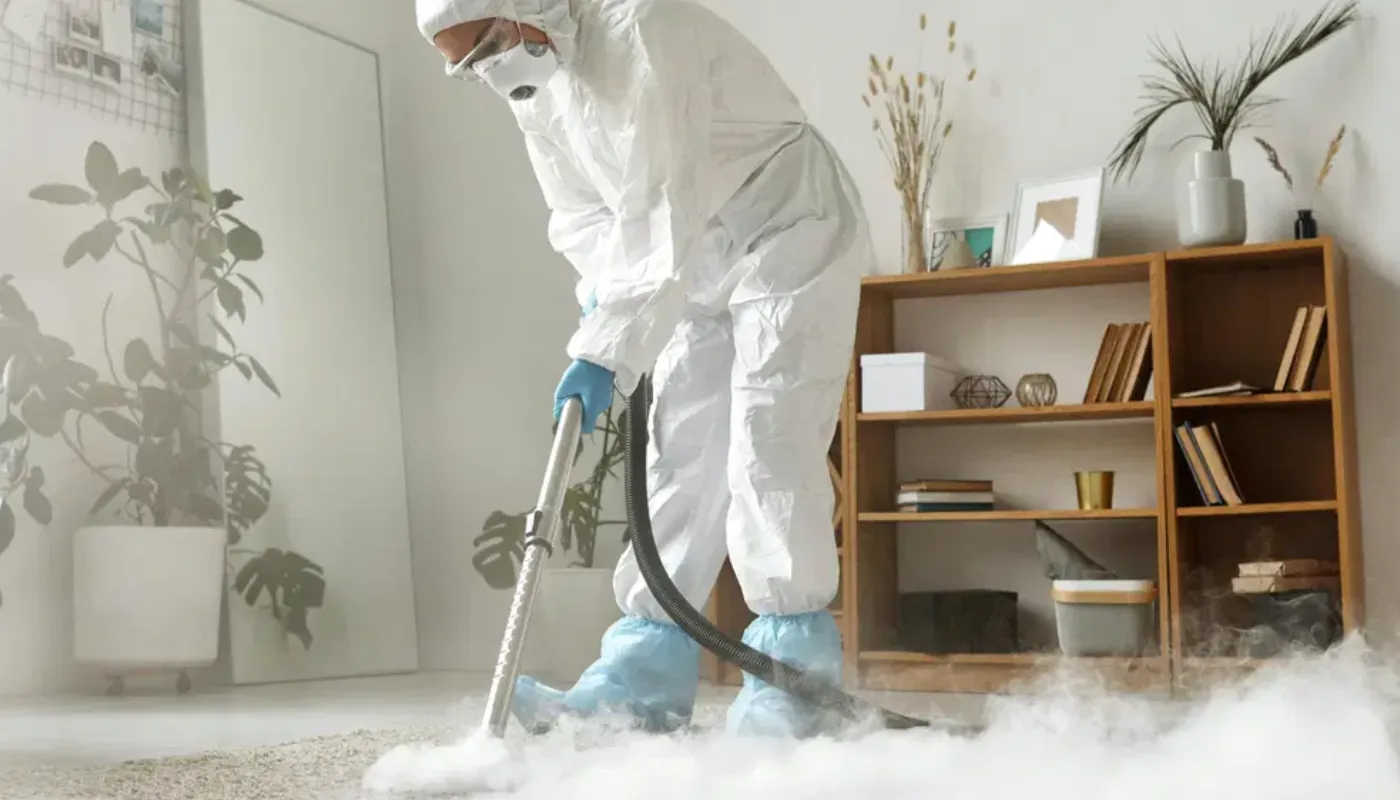 Punaise de lit Lyon - Traitement professionnel, désinfection efficace 4 Professionnel en combinaison de protection effectuant un traitement thermique contre la punaise de lit dans un logement, méthode efficace de désinsectisation.
